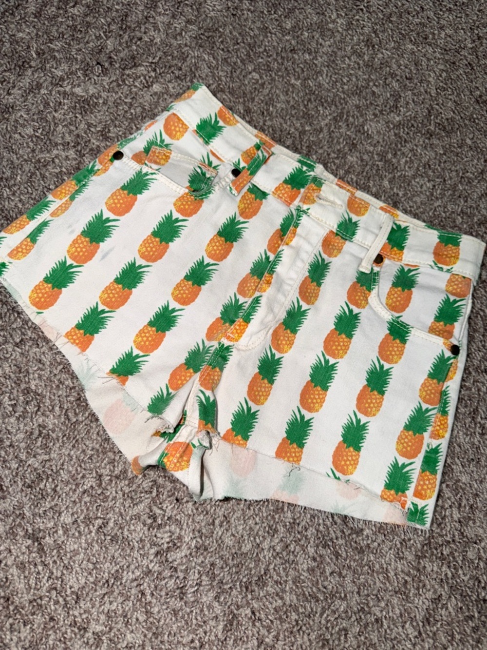 pistola White Pineapple-Print Denim Shorts with Green & Orange Motif